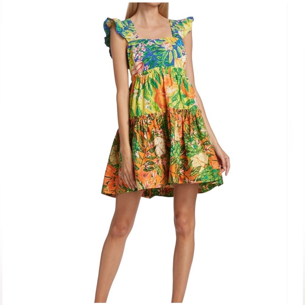 FARM RIO Caipirinha Tiered Cotton Minidress Tropical Print Mixed Print sz Medium
